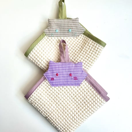 【即納】コップ袋 & ワッフルループタオルset♡『どうぶつシリーズ』グリーンベージュ