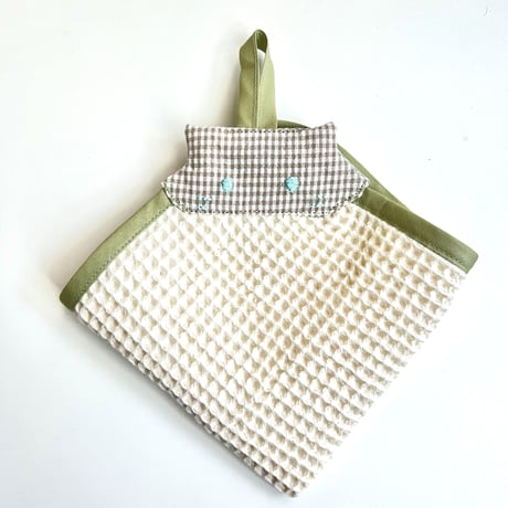 【即納】コップ袋 & ワッフルループタオルset♡『どうぶつシリーズ』グリーンベージュ