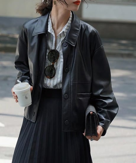 chic black leather jacket　hm2512