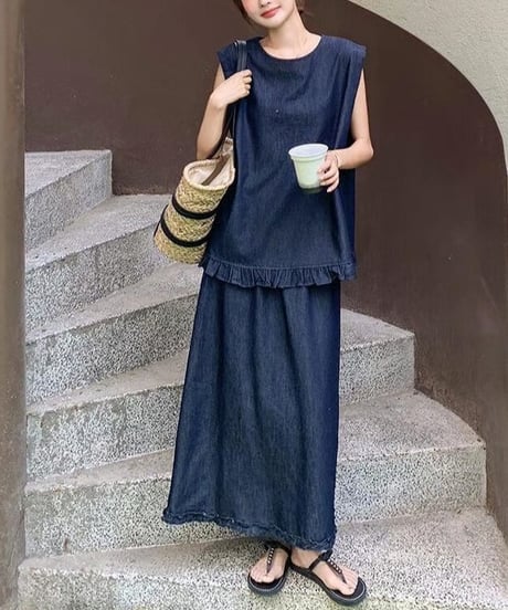 blue denim top & skirt set　hm2474