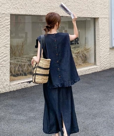 blue denim top & skirt set　hm2474