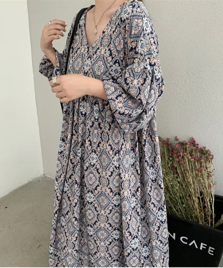 printed vneck dress / 2color　hm2945