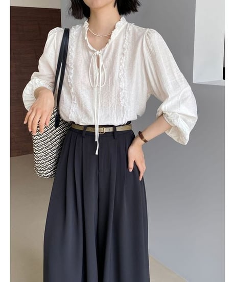 frill ribbon blouse / 2color　hm2339