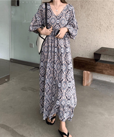 printed vneck dress / 2color　hm2945