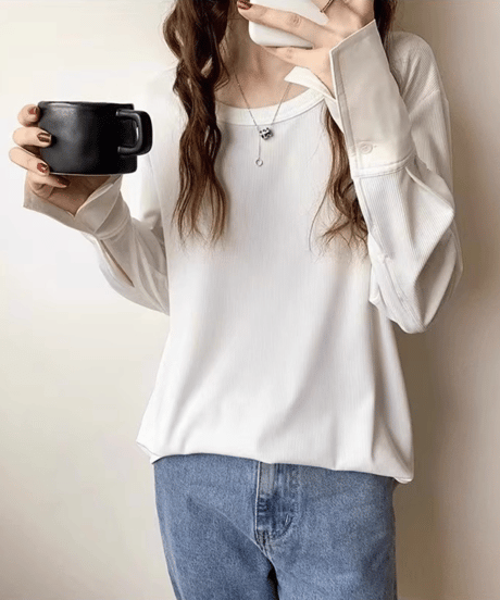 button sleeve slim fit top / 2color　hm1655