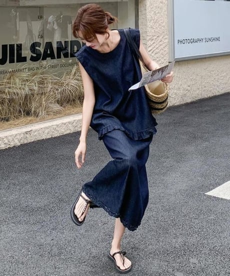 blue denim top & skirt set　hm2474