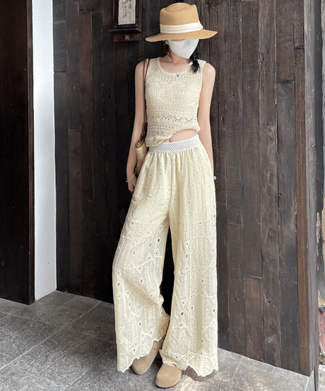 embroidered wide pants / 4color　hm2869