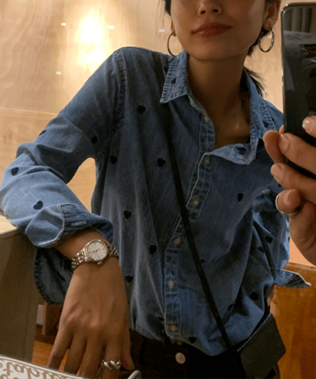 heart embroidered denim shirt / 2color　hm1263