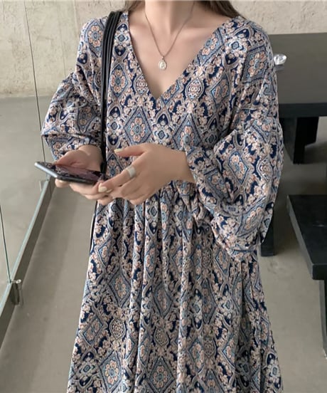 printed vneck dress / 2color　hm2945