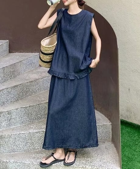 blue denim top & skirt set　hm2474
