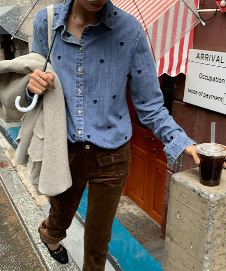 heart embroidered denim shirt / 2color　hm1263