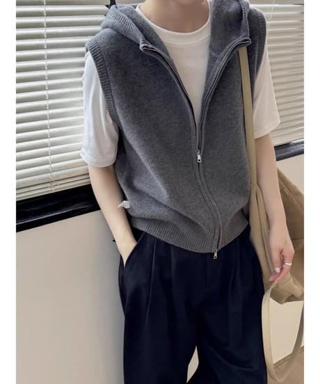 knit hooded zip vest / 3color　hm1970