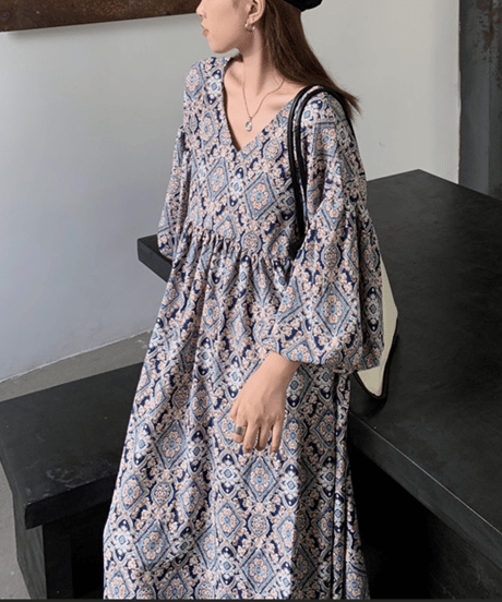 printed vneck dress / 2color　hm2945