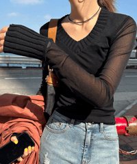 splicing mesh shirt / 2color　hm1244