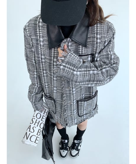 checked fringe jacket / 2color　hm1936