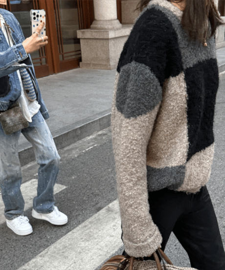 block check knit top / 2color　hm1113