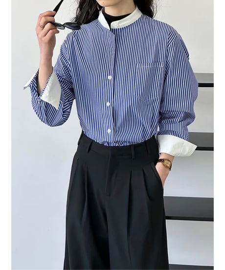 striped collarless blouse　hm2043