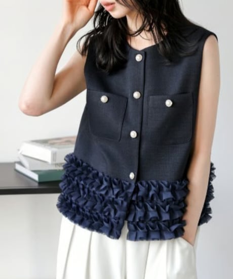 ruffle hem tweed vest / 3color　hm2836