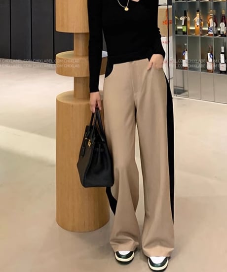 contrast color straight pants　hm1793