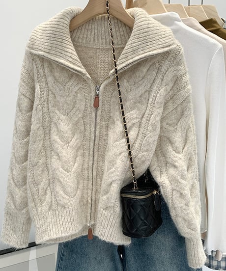 cable knit zip cardigan / 3color　hm2694