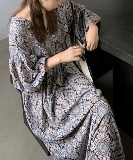 printed vneck dress / 2color　hm2945