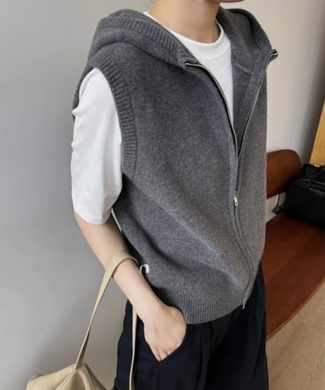 knit hooded zip vest / 3color　hm1970