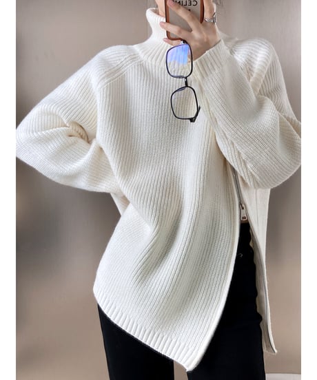 zipper high neck knit / 4color　hm1659