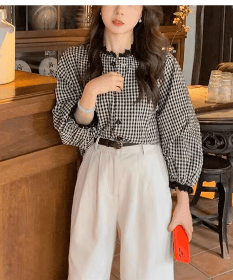 gingham lace blouse　hm2912