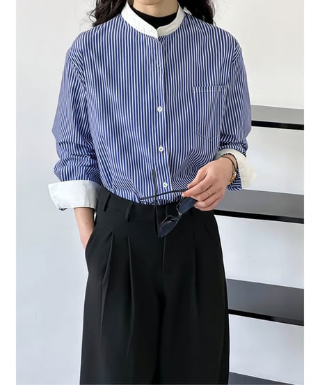 striped collarless blouse　hm2043
