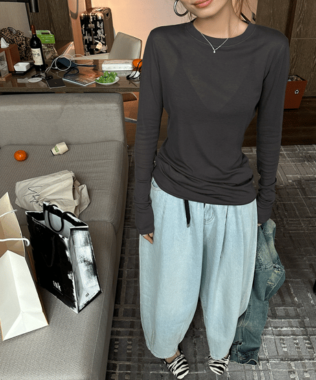 《即納》slim round neck top / 4color　hm1432