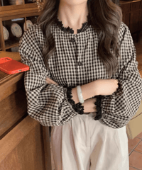 gingham lace blouse　hm2912