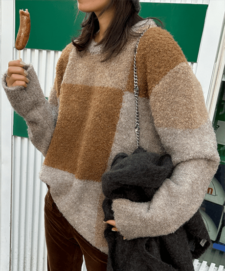 block check knit top / 2color　hm1113