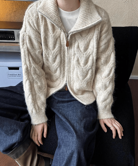 cable knit zip cardigan / 3color　hm2694
