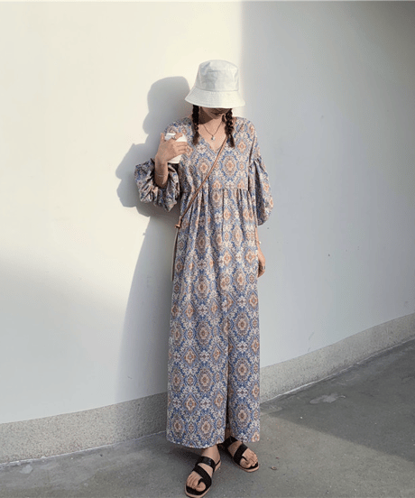 printed vneck dress / 2color　hm2945