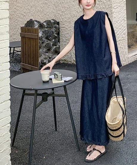 blue denim top & skirt set　hm2474