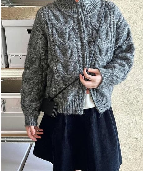 cable knit zip cardigan / 3color　hm2694