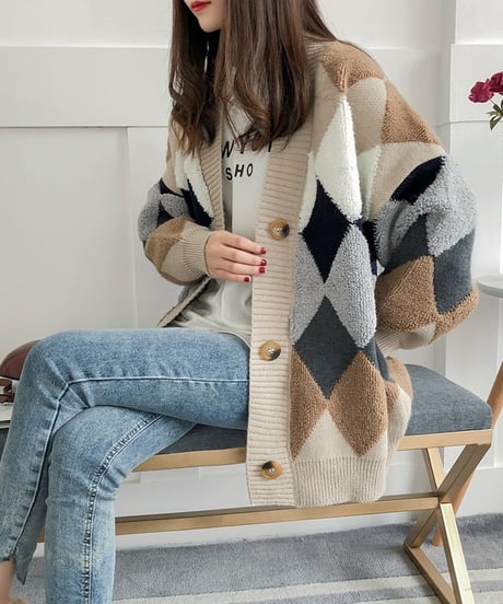 argyle knit cardigan / 3color　hm1744