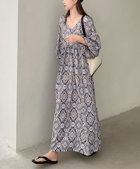 printed vneck dress / 2color　hm2945
