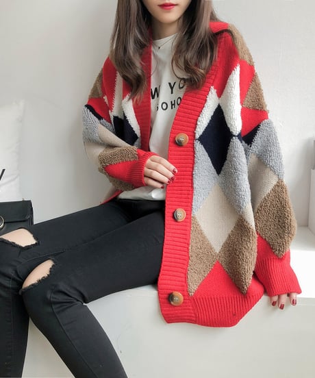 argyle knit cardigan / 3color　hm1744
