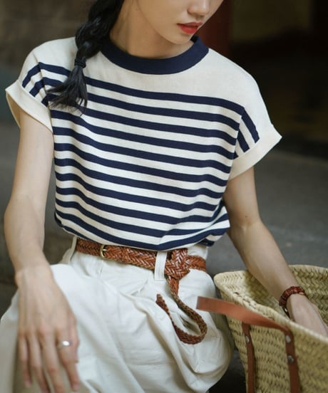 french sleeve border top　hm2218