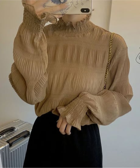 shirring high-neck blouse / 5color　hm2614
