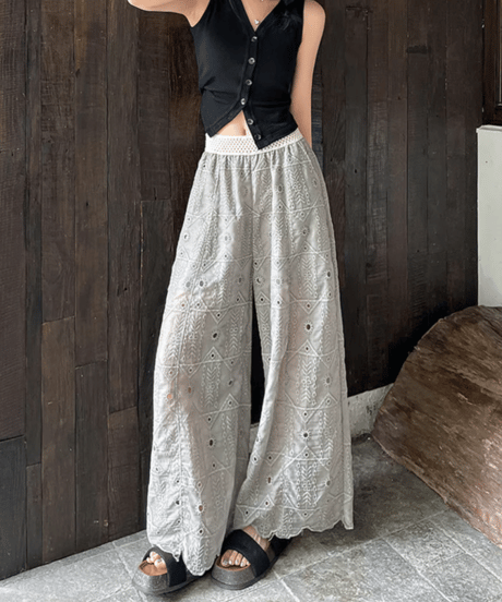 embroidered wide pants / 4color　hm2869