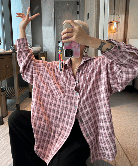 loose checkered shirt  / 2color　hm1428