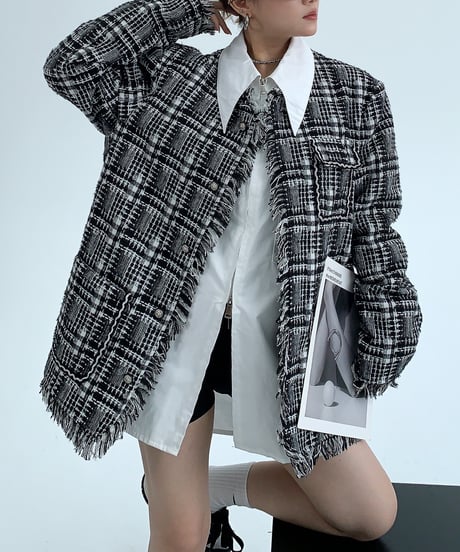 checked fringe jacket / 2color　hm1936