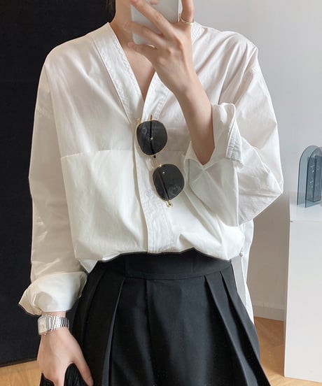 collarless v-neck shirt / 2color　hm2045