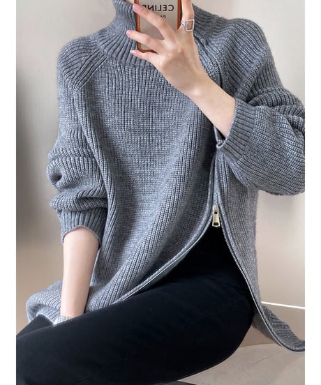 zipper high neck knit / 4color　hm1659
