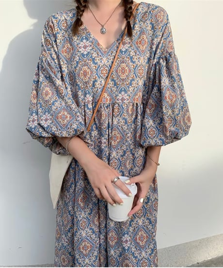 printed vneck dress / 2color　hm2945