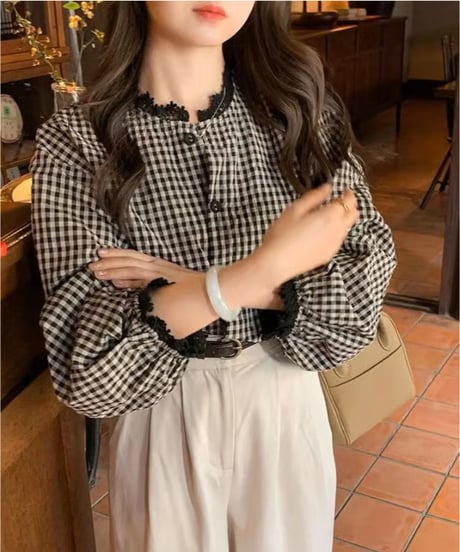 gingham lace blouse　hm2912