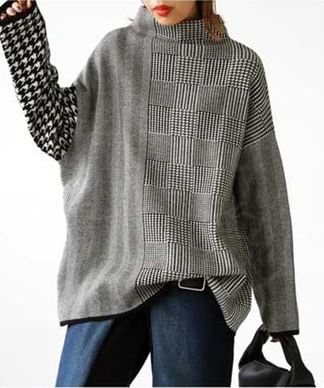 patchwork pattern knit top　hm2687