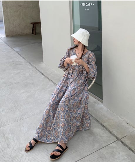 printed vneck dress / 2color　hm2945